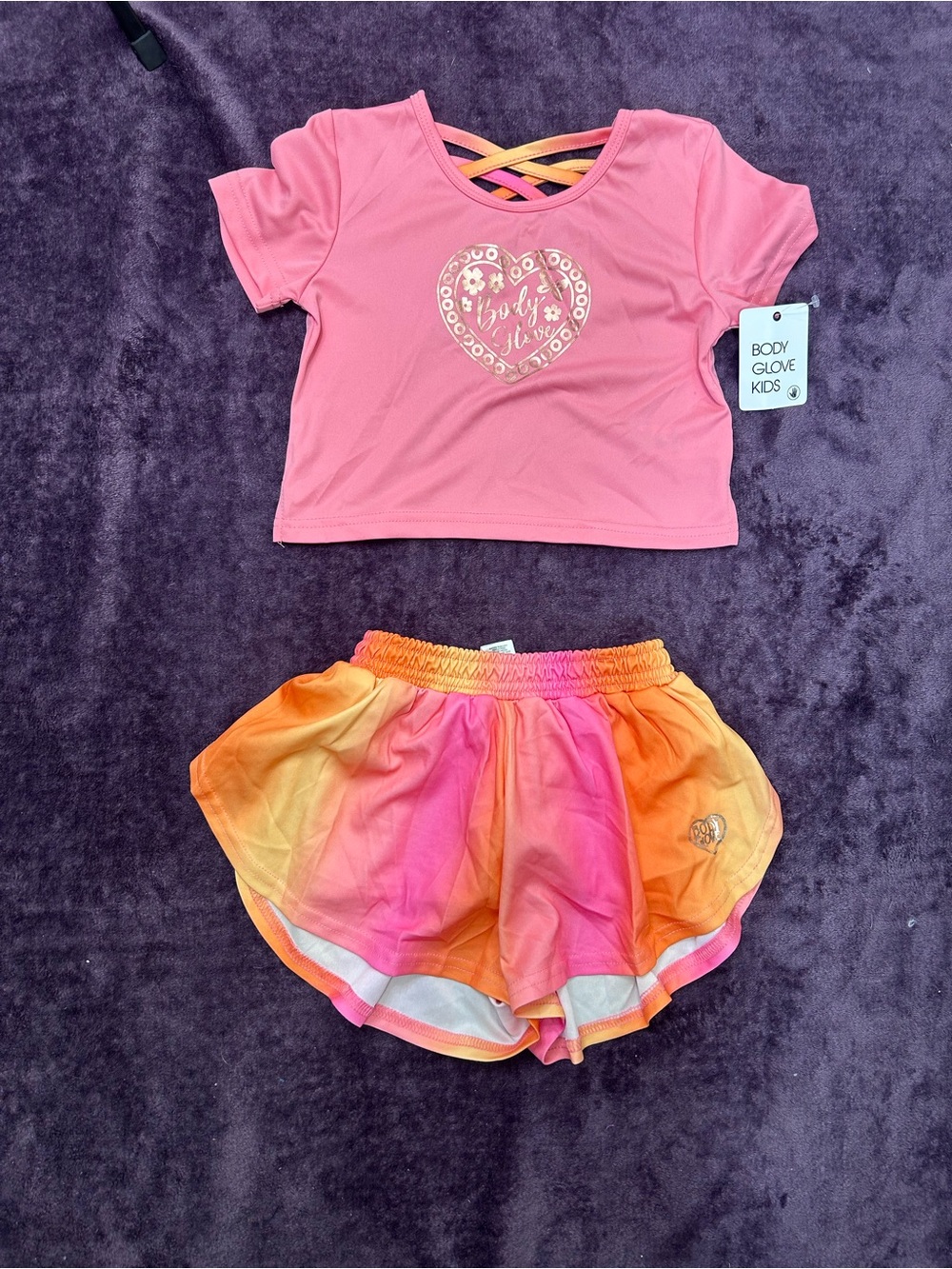 Body Glove Pink Crop Top with Pink-to-Orange Ombre Dance Shorts